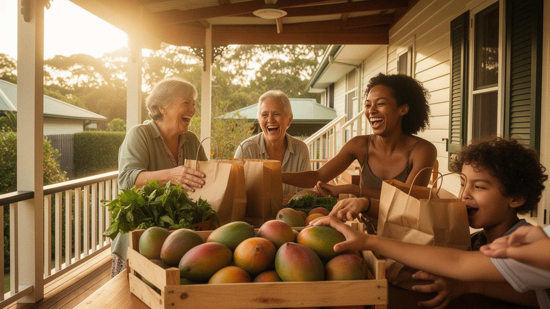 Neighbours laughing as they unpack a wooden crate of fresh mangoes on a sun-drenched timber verandah